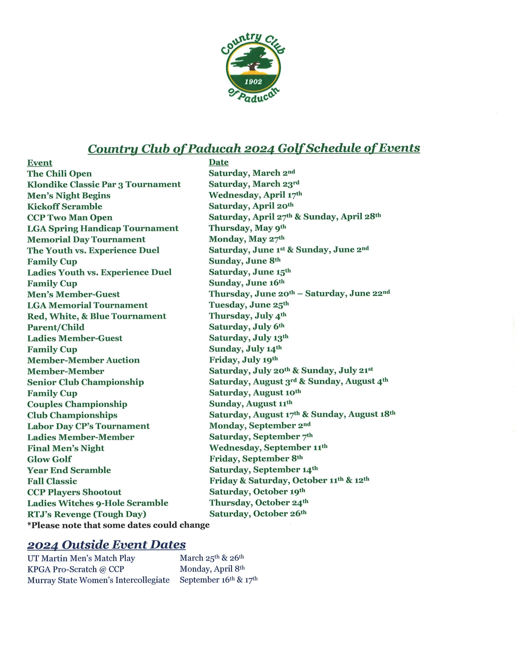 2024 Golf Schedule of Events Country Club of Paducah